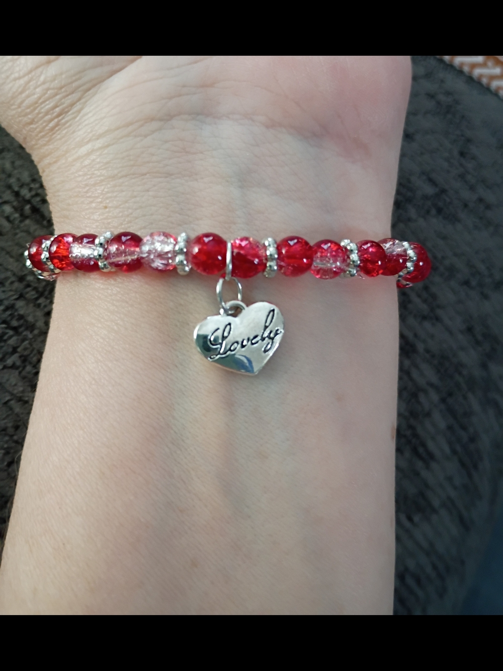 Lovely Red Glass Beaded Stretch Bracelet with Heart Charm